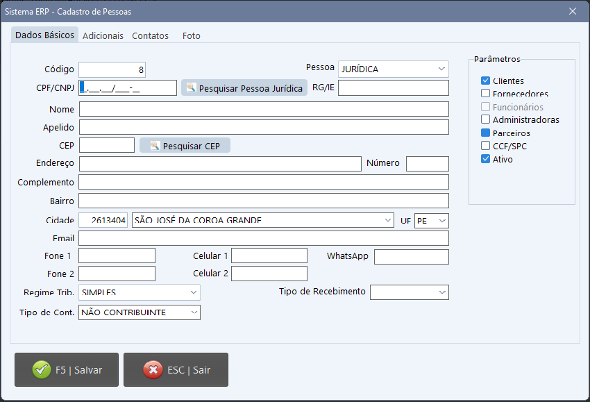 Cadastro de Clientes, Fornecedores ou Prestadores